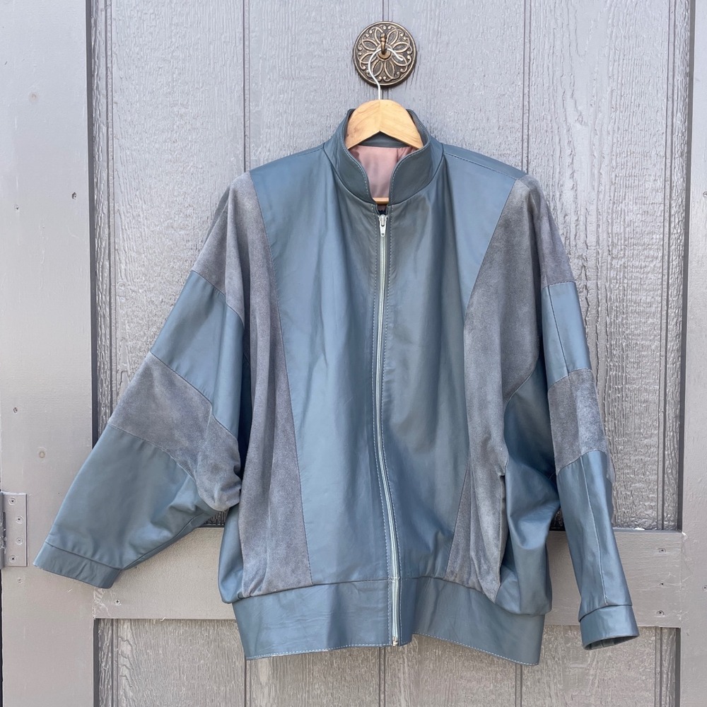 Sergio Cagliani Blue Grey Leather Suede Bomber Jacket Vintage Mens 3 Large
